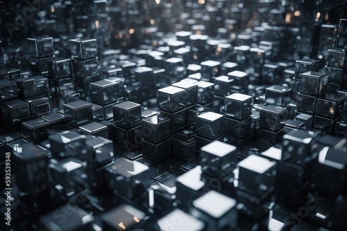 Precisely Arranged Glossy Cubes. Grey, Futuristic Tech Wallpaper. 3D Render. Generative AI