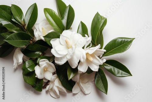 Flowers creative composition. Bouquet of gardenia flowers plant with leaves isolated on white background. Flat lay, top view, copy space. Generative AI