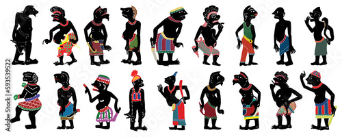Shadow Puppet in traditional clothes. Set of vector illustrations in flat style