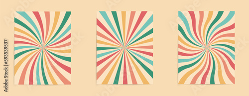 Groovy 70s background with twisted sunburst. Set of vintage sun retro banner background. Vector illustration