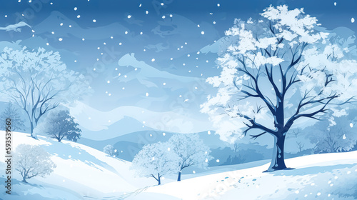 Winter background with snowy forest, generative AI.