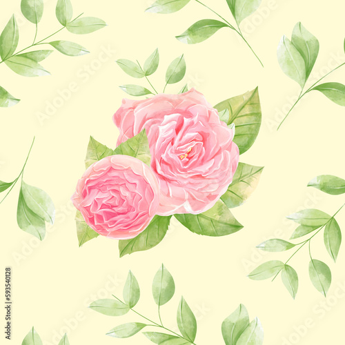 Watercolor seamless pattern with peonies, leaves, roses on cream background. Hand drawn. For paper, fabric, bedding