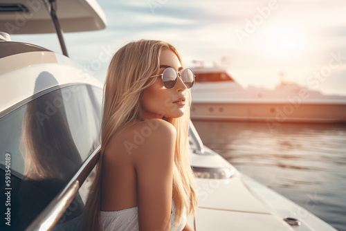Young beautiful blond woman relaxing on a yacht. Generative AI