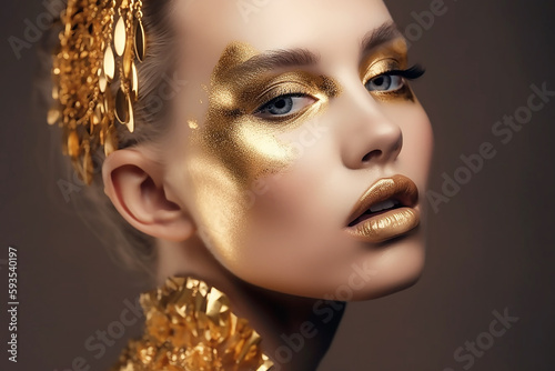 Fashion model woman skin face in trendy glowing gold make-up, generative AI tools