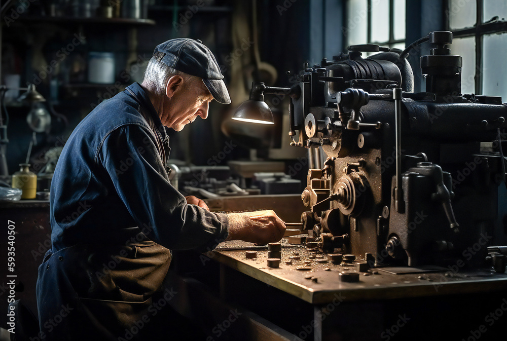 Machinist working at a generic machine in a factory or workshop. Created with Generative AI technology. Machinist working at a generic machine in a factory or workshop. Created with Generative AI technology.