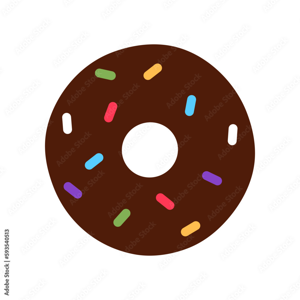 Flat chocolate glazed donut isolated on white background with colorful sprinkles. Tasty baked unhealthy dessert closeup object. Brown doughnut with frosting top Yummy treat design vector illustration.