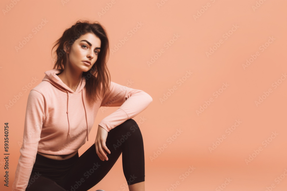 Obraz premium Building a Better Body: Athletic Girl Performing Fitness Poses on Pastel Orange Background with space for Text. Copy space. Health and Exercise Concept AI Generative