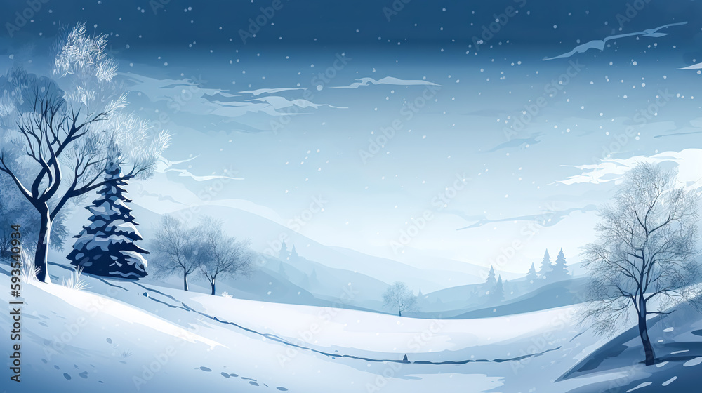 Winter background with snowy forest, generative AI.
