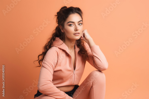 Building a Better Body: Athletic Girl Performing Fitness Poses on Pastel Orange Background with space for Text. Copy space. Health and Exercise Concept AI Generative