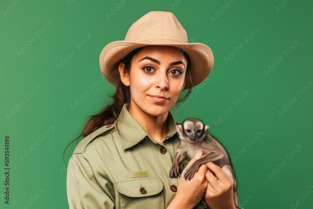 Caring for Wildlife Female Zookeeper holding a small monkey on isolated green background with
