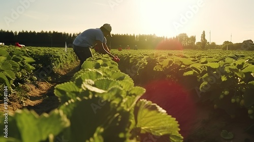 Erdbeeren-Saison Erdbeerenernte mit Bauer auf dem Feld: Ernte der frischen Erdbeeren photo