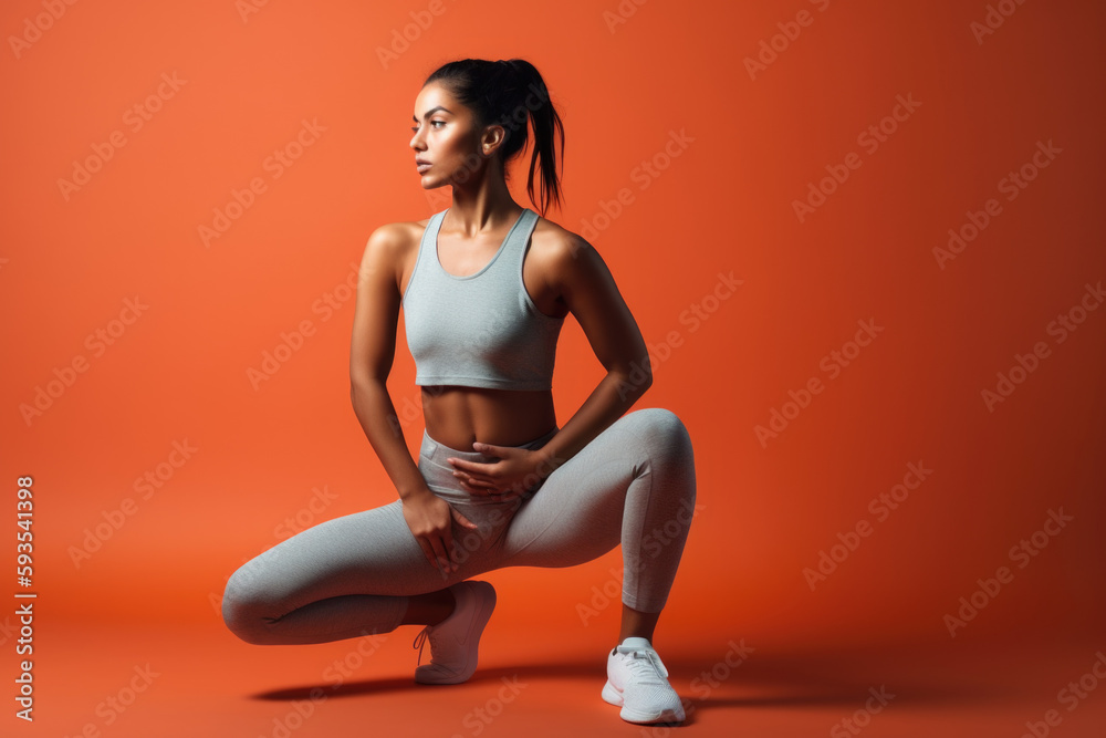 Building a Better Body: Athletic Girl Performing Fitness Poses on Terracotta Background with space for Text. Copy space. Health and Exercise Concept AI Generative