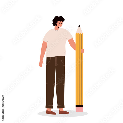 .A flat cartoon student is standing  and holding a large pencil. Flat character education pencil.