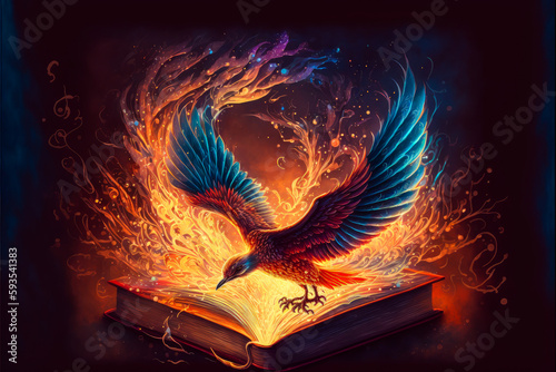 An open book releases a flock of phoenixes, symbolizing rebirth and renewal. Vibrant colors complement the ethereal style of this digital illustration. Generative AI