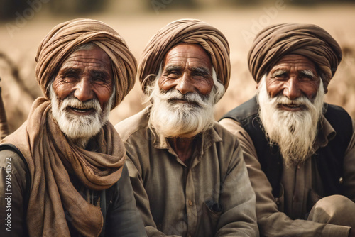 Three smiling old Muslim peasants. Created with Generative AI technology.
