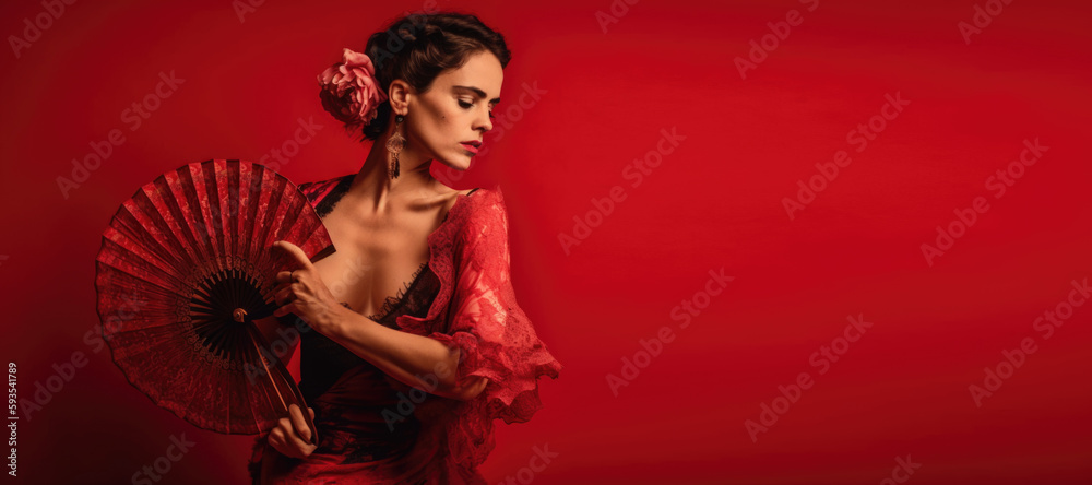 Dancing with Intensity: Flamenco Dancer Performing with Dress and Fan on Red Background with Space for Text. Copy Space. Culture concept - AI Generative - obrazy, fototapety, plakaty 