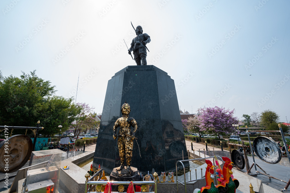 Fototapeta premium Uttaradit, March 27 2023. Phraya Pichai Broken Sword, Statue of important warrior of Thailand, Created to be spiritual anchor and for worship. Statue of liberty. Monument to the soldiers