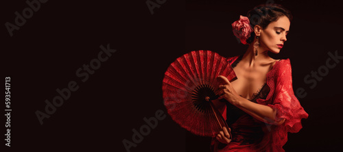 Dancing with Intensity: Flamenco Dancer Performing with Dress and Fan on Black Background with Space for Text. Copy Space. Culture concept - AI Generative