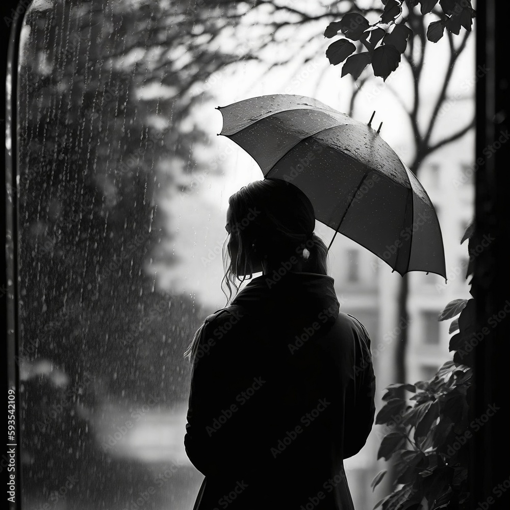 Girl With Umbrella In Rain Black And White