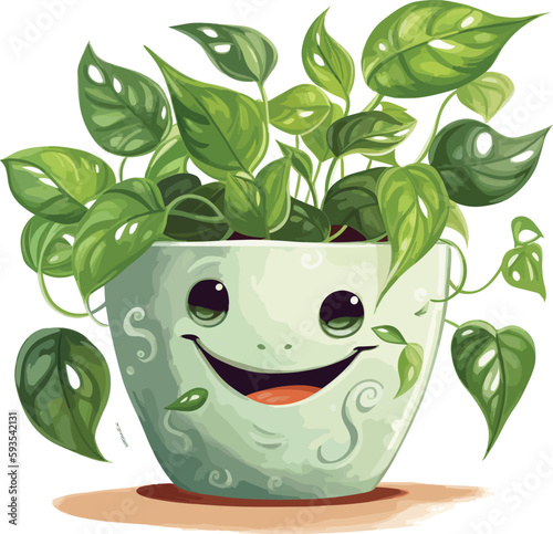 Cute smily green tea cup with pothos plant