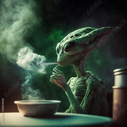 3D illustration of a green alien who smokes and relaxes in a bar