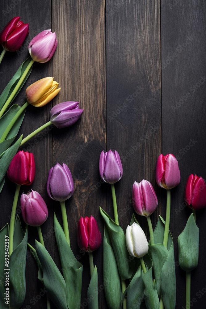 Vibrant Tulips Against Dark Wooden Background