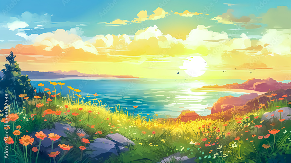 Sunset at the lake with grass and flowers, generative AI.