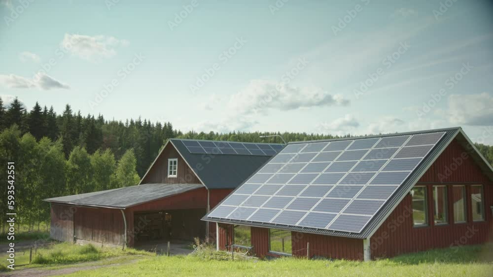 Static timelapse of homestead and barn on farm covered in solar panels Static timelapse of homestead and barn on farm covered in solar panels
