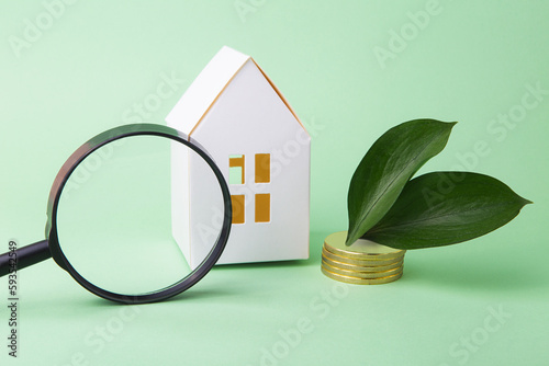 Concept of green tax credit - little house with coins near it and green leafs. photo