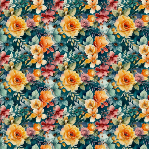 Floral Fantasy Tulips, Roses Watercolor Seamless Pattern AI generated 