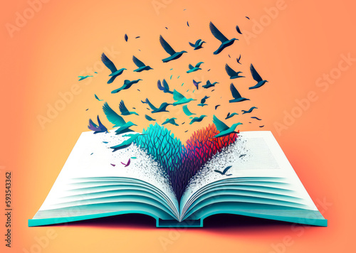 This illustration showcases a book releasing birds, symbolizing information and creativity. Bright and vibrant colors lend an air of energy and positivity. Generative AI photo