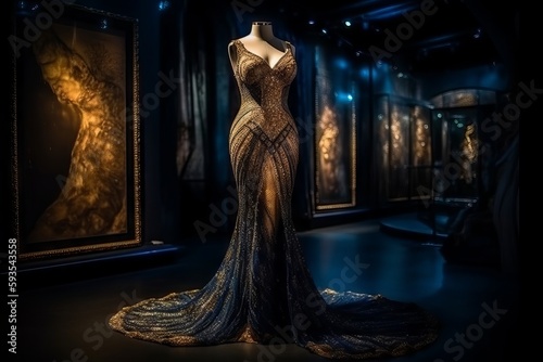 Evening (wedding) dress featuring gold embellishments. The dress exudes luxury and high fashion, with a color scheme of dark blue adorned with delicate golden speckles. Generative Ai, ai, generative
