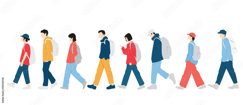  Set of young men and women, different colors, cartoon character, group of silhouettes of walking business people, students with backpack, the design concept of flat icon, isolated on white background