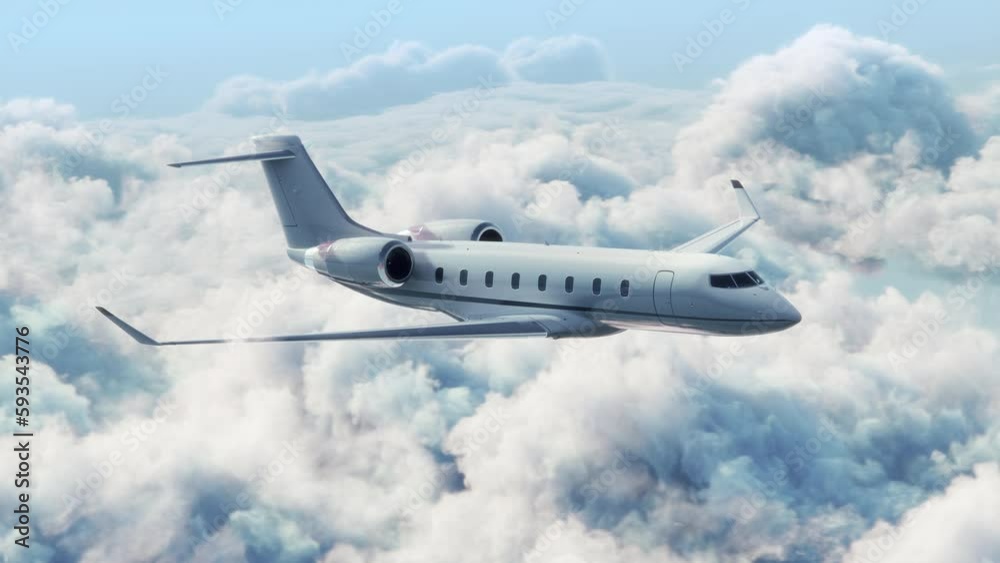Private Business Jet Airplane Flying Above the Clouds in Bright Sunny Day. 