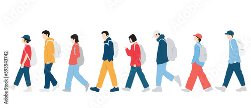  Set of young men and women, different colors, cartoon character, group of silhouettes of walking business people, students with backpack, the design concept of flat icon, isolated on white background