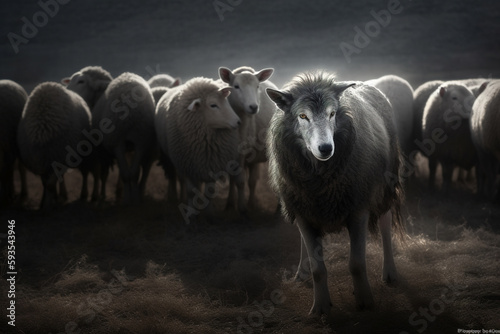 Wolf in sheep's clothing in the middle of herd of sheeps. Ai generated illustration