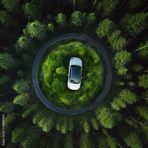 Electric Car EV electrical Energy on forest road, AI Generative © MendyZa