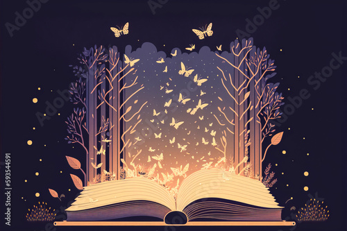 An open book releases luminous golden butterflies and magical sparks. The warm and inviting colors give a sense of magic and wonder. Generative AI © XaMaps