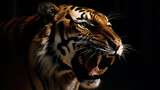 Gorgeous tiger roars, stunning photorealistic portrait isolated on black background. Generative art