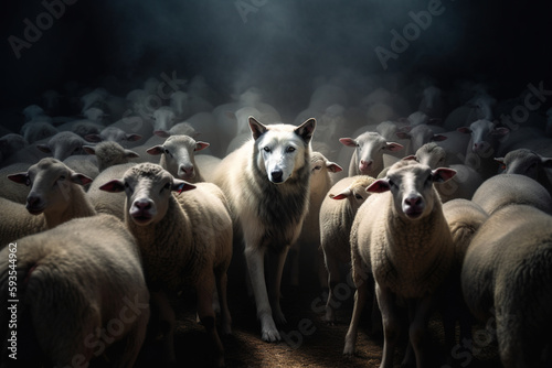 Wolf in sheep's clothing in the middle of herd of sheeps. Ai generated illustration 