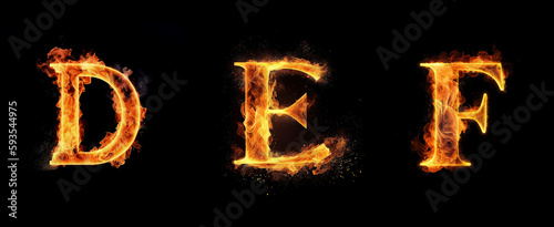 Alphabet capital letters D, E, F made with blazing fire flame. Generative art	 photo