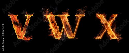 Alphabet capital letters V, W, X made with blazing fire flame. Generative art	 photo