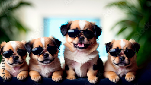 a group of dogs with sunglasses on the beach