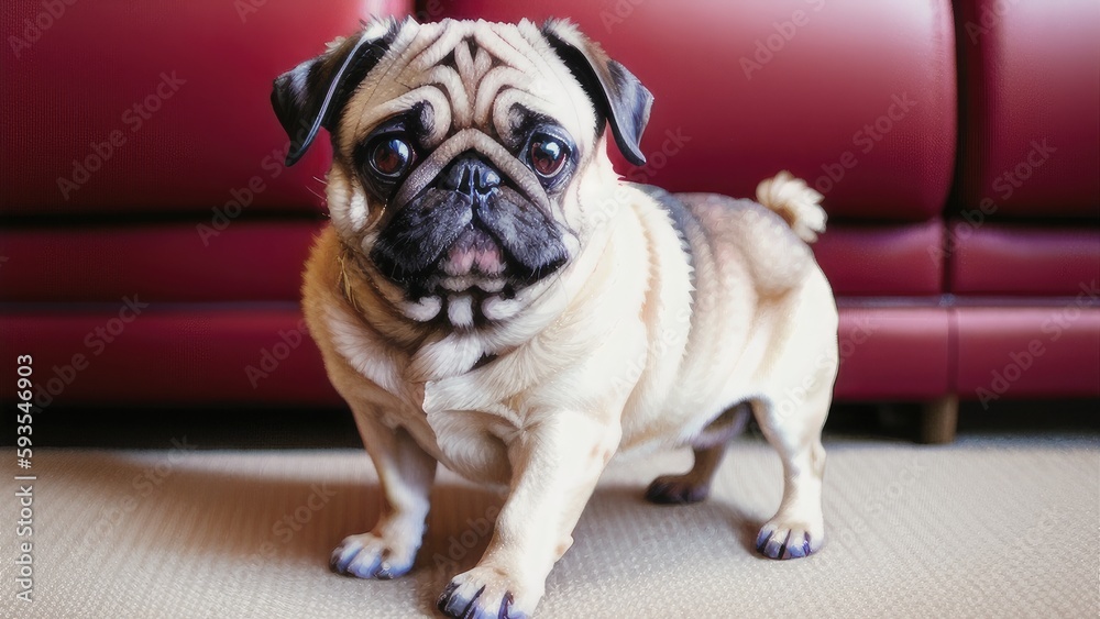 Pug puppy on burgundy background