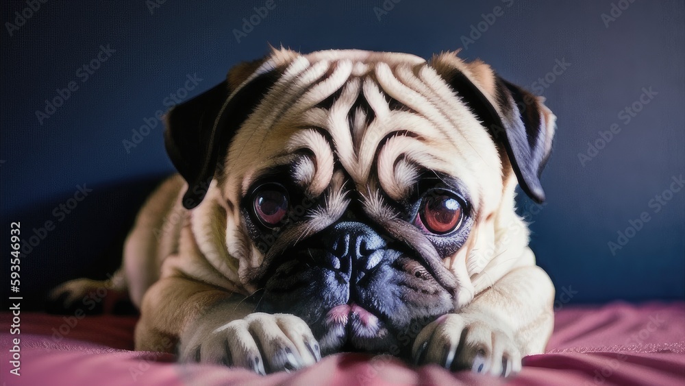 a pug puppy lying on a gray background