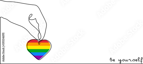 Hand with LGBT heart flag rainbow one line art,hand drawn pride month decoration continuous contour.People's rights movement,diversity time outline design.Editable stroke.Isolated.Vector illustration