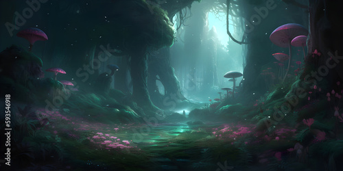 Dense dark fantasy forest with big trees and footpath. The magical atmosphere of the forest  fairy forest  magic light. AI generated