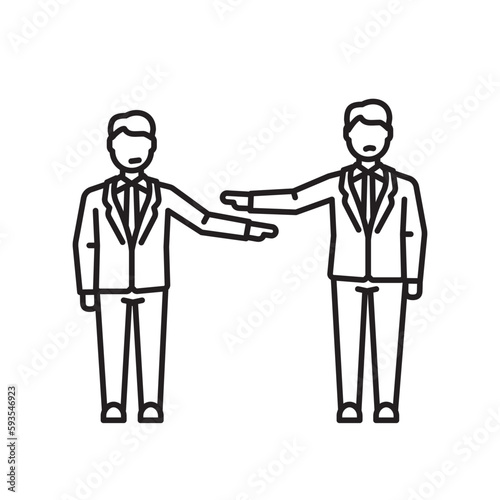 Two businessmen pointing at each other cartoon vector line icon