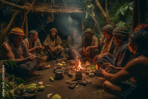 Ayahuasca ceremony Peyote mescaline trip, group of people at night near the fire. Generative AI