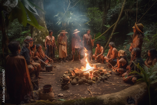 Ayahuasca ceremony group of people at night near the fire. Generative AI